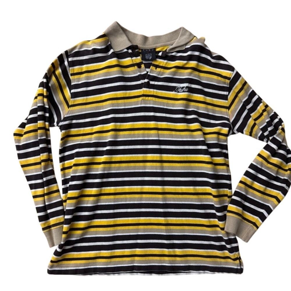 Vintage FUBU The Collection Yellow Striped Polo Korea Shirt Large Y2K Hip Hop